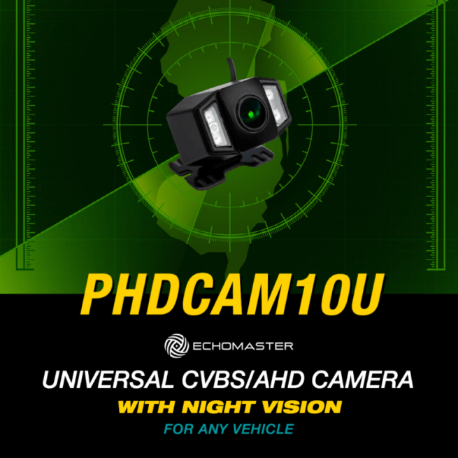 Echomaster PHDCAM10U kamera 5 Echomaster PHDCAM10U peruutus -/keulakamera 170° kuvakulmalla Laajalla 170° kuvakulmalla oleva kamera, jota voidaan käyttää peruutus- tai keulakamerana. 720p resoluutio Voidaan käyttää keula- tai peruutuskamerana Infrapunaledit Laaja 170° kuvakulma Mikäli asennat kameran Alpinen soittimeen, jossa on Direct -liitäntä kameralle, tarvitset AH-CAMA-ALP1 adapterin.  