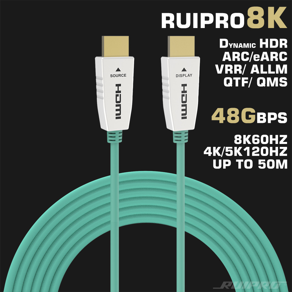 8k ruipro specs radiokulma.fi Ruipro 8K HDMI Fiber Cable 8K60HZ/4K120HZ Häiriötön HDMI signaalin siirto jopa yli sadan metrin päähän ilman peukalonpaksuisia kaapeleita. Ruipro 8K HDMI Fiber on erittäin ohut ja notkea HDMI kuituoptinen kaapeli, ilman signaaliviivettä ja korkeammalla siirtonopeudella kuin perinteinen kuparikaapeli. Ideaalinen valinta signaalin, varsinkin 4K/8K materiaalin siirtämiseksi pidemmille etäisyyksille, joissa kuparikaapelin kapasiteetti eri riitä, tai kaapeli ei mahdu kulkemaan kanavien tai rakenteiden sisällä. HDR/Dynamic HDR (HDR10 & Dolby Vision)/eARC, EMI säteilyvapaa, EI signaalihukkaa huolimatta ulkoisista sähkömagneettikentistä.