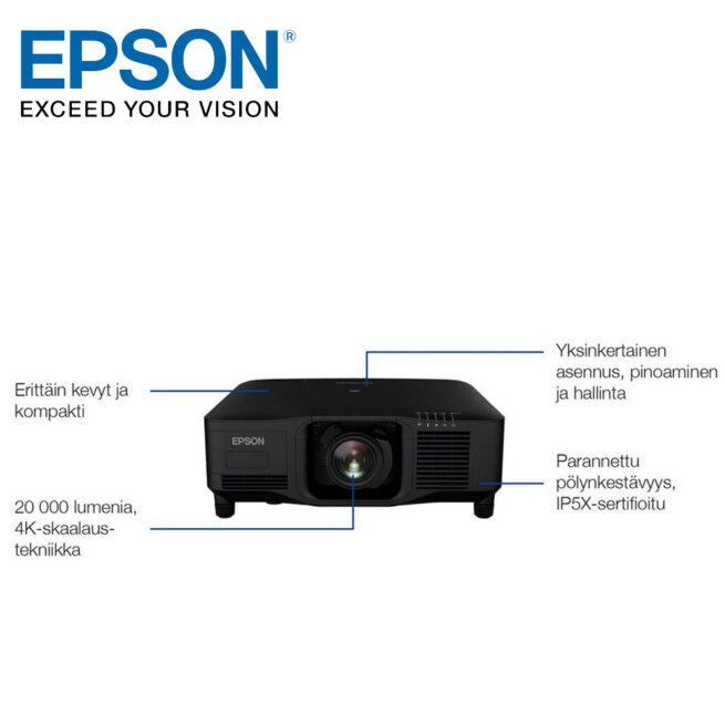 Epson EB PU2220B 5 Epson EB-PU2220B 3LCD WUXGA -laserprojektori Maailman pienin 20 000 lumenin projektori! Pienikokoinen ja kevyt EB-PU2220B tarjoaa erinomaisen kuvanlaadun, helpon asennuksen ja käyttöönoton sekä yksinkertaisen ylläpidon. Tämä erittäin kevyt ja kompakti laserprojektori on suunniteltu suuriin auditorioihin, tapahtumiin, konsertteihin ja kokoustiloihin, joissa se takaa vaikuttavan kuvan.