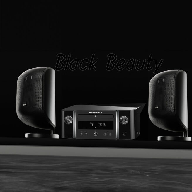 black beauty square uusi fontti logo scaled Black Beauty HiFi stereopaketti - Ääntä ja tyyliä sinulle Tämä täydellinen HiFi-järjestelmä mustan eleganssin kera on enemmän kuin stereopaketti; se on elämys. Mustat B&W M-1 -satelliittikaiuttimet ja Marantz M-CR612 CD viritinvahvistin tarjoavat upeaa äänenlaatua ja sulautuvat vaivattomasti tyylikkääseen sisustukseen. Nauti musiikista cd-levyiltä, radiosta, Spotifysta tai nettiradiosta, samalla parantaen televisiosi äänentoistoa. Ääntä ja tyyliä, kaikki yhdessä paketissa.  