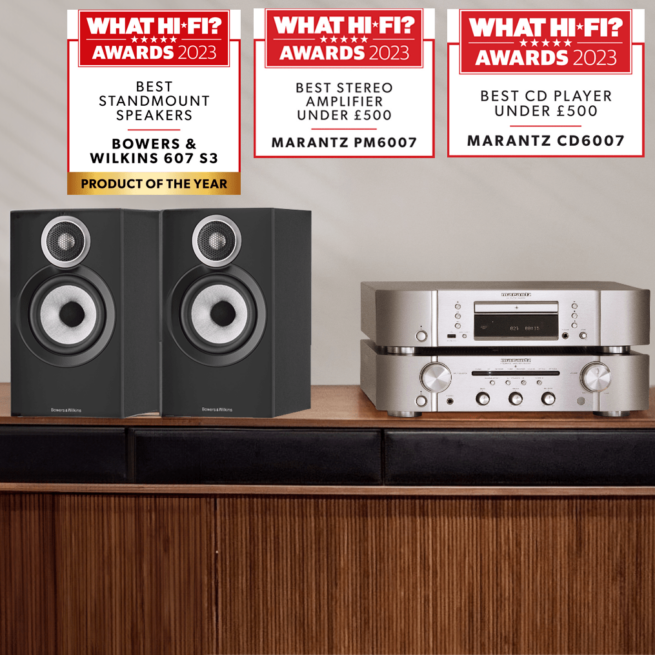 what hifi stereopaketti Huippuluokan perinteinen stereopaketti Marantz ja B&W Kokosimme palkintoja voittaneet erillis hifi laitteet ja kaiuttimet yhteen lyömättömään kokonaisuuteen. Sisältää What HiFi vuoden 2023 parhaaksi audiolaitteiksi valitut: Marantz PM6007 stereovahvistin, Marantz CD6007 cd soitin ja Bowers & Wilkins 607 S3 kompaktikaiuttimet. Kokosimme nämä kaikki valioyksilöt yhdeksi erittäin korkealaatuiseksi stereopaketiksi ja valitsimme vieläpä korvakuulolta parhaat kaapelit Oehlbachin valikoimista tähän kokonaisuuteen. Voimme ilolla todeta, että pystyimme nyt nipistämään pois suositushinnoista lähes 400€ ja tarjoammekin sinulle koko kokonaisuuden erikoishintaan 1699€.