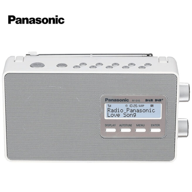 panasonic rf d10eg valkoinen tuotekuva 2 Panasonic RF-D10EG-W Paristokäyttöinen matka/pöytäradio Tyylikäs kannettava RDS-RADIO, Verkkovirta- tai paristokäyttöinen. 10 muistipaikkaa, Helppolukuinen valaistu LCD-näyttö. Näyttää myös paristojen varaustason.