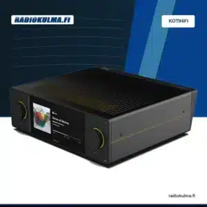 Arcam SA45 -striimaava stereovahvistin etuviistosta Radiokulman Kotihifi-brändipohjalla.
