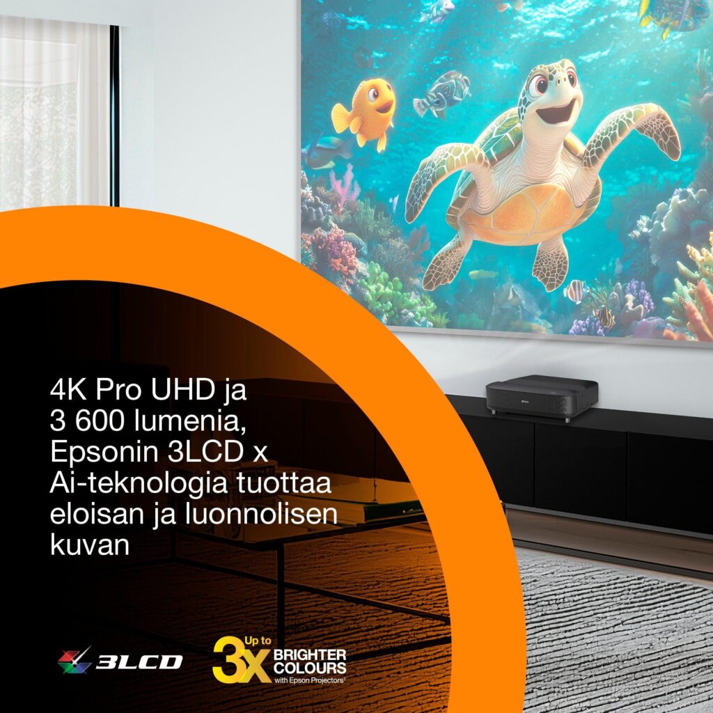 Epson Lifestudio Grand EH-LS670 sijoitettuna TV-tasolle suuren kuvan alle, kuvassa korostuvat 4K PRO-UHD, 3 600 lumenia ja 3LCD-tekniikka.