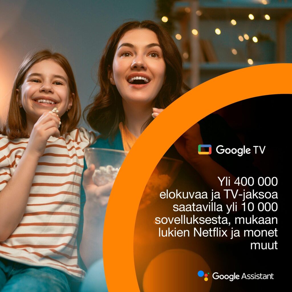 Google TV -kuva, jossa katsojat seuraavat sisältöä ja kuvassa mainitaan sovellukset sekä Google Assistant.