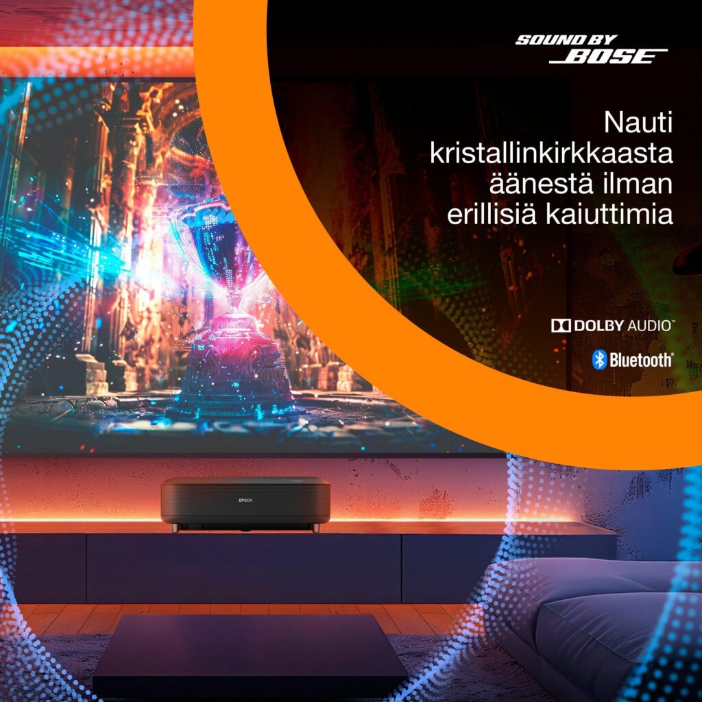 Epson Lifestudio Grand EH-LS670 olohuoneessa, jossa korostetaan Sound by Bose -äänentoistoa, Dolby Audiota ja Bluetoothia.