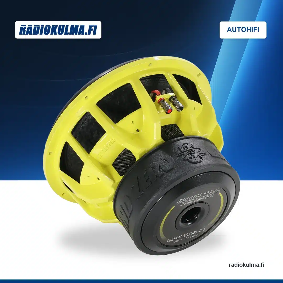 Ground Zero GZHW 30XSPL-D2 SPL-subwoofer takaosasta kuvattuna, magneetti ja paineliitinterminaalit näkyvissä.