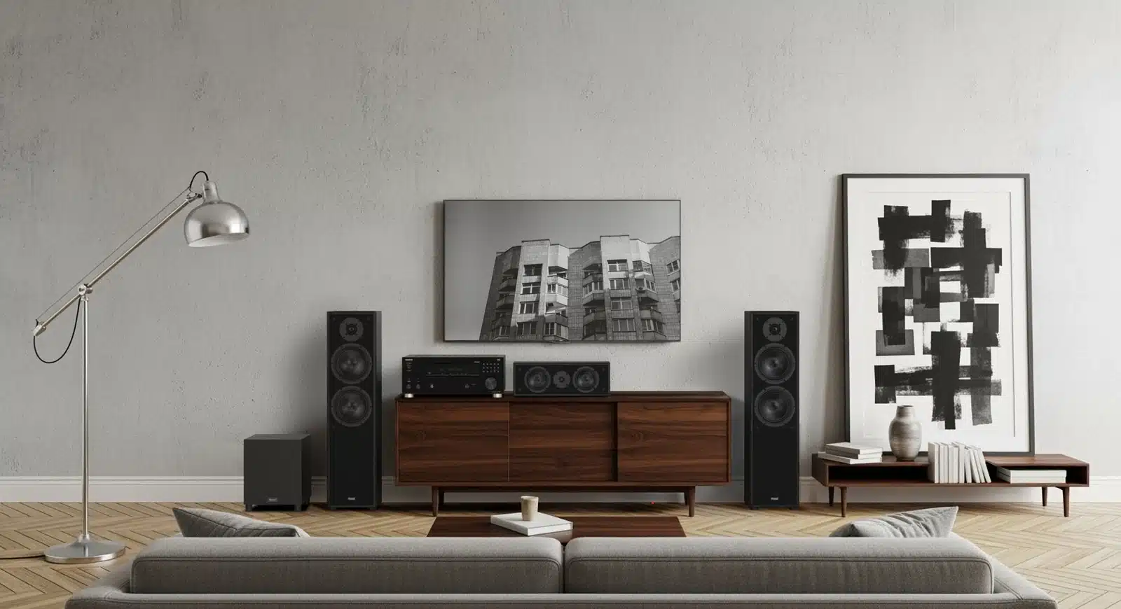 Magnat Base 8 -subwoofer olohuoneen kaiutinjärjestelmässä vasemman lattiakaiuttimen vieressä, keskikaiutin matalalla kaapilla.