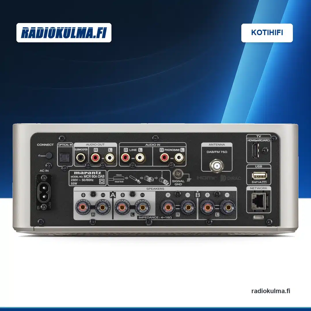 Samppanjakultaisen Marantz MCR 60n DAB -CD-viritinvahvistimen EU-version takapaneeli ja liitännät.