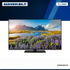 Panasonic TV-65W85BEZC 65 tuuman musta QLED-televisio etuviistosta Radiokulman TV / Video -taustalla.