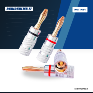 R-Audio BN-24K 4 mm banaaniliittimet punaisella ja mustalla merkintärenkaalla Radiokulma.fi-tuotekuvassa.