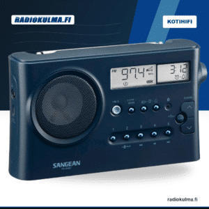Sangean PR-D4BT Bluetooth-radio tummansinisenä etuviistosta kuvattuna.