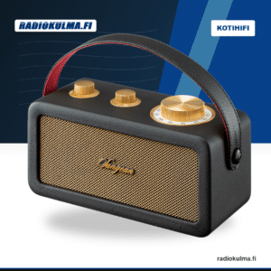 Sangean RA-101 Musta/Kulta radio ja Bluetooth-kaiutin etuviistosta kuvattuna.