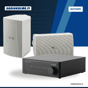 Tangent Ampster BT III -vahvistin ja valkoinen Yamaha NS-AW294 -kaiutinpari terassiäänentoiston tarjouspakettina läpinäkyvällä taustalla.