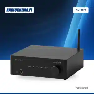 Musta Tangent PreAmp III -esivahvistin etuviistosta Radiokulman Kotihifi-bränditaustalla.