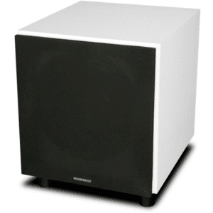 Wharfedale SW-15 valkoinen subwoofer 15" kuvattuna sivusta edestä verkkolla