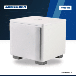 REL HT/1003 MKII valkoinen aktiivisubwoofer etuviistosta etuverkko paikallaan.