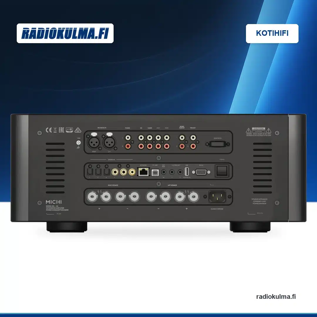 Michi X5 Series 2 -stereovahvistin takaa, analogiset ja digitaaliset tulot, esivahvistinlähdöt ja kaiutinliittimet näkyvissä.