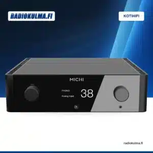 Musta Rotel Michi X3 Series 2 -stereovahvistin yläviistosta kuvattuna, etupaneeli ja kotelon yläpinta näkyvissä.