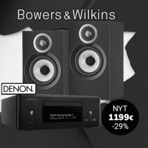 Denon CEOL RCD-N12 -stereovastaanotin ja Bowers & Wilkins 607 S3 -kaiuttimet mustana väriyhdistelmänä. Kompakti hifipaketti HDMI ARC -liitännällä, suoratoistolla ja aidolla hifiäänellä, nyt tarjouksessa 1199 €.