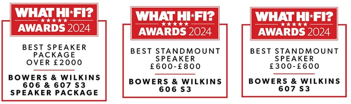 Bowers & Wilkins 606 ja 607 S3 voittivat What Hi-Fi? Awards 2024 -palkinnot parhaista kaiutinpaketeista ja jalustakaiuttimista.
