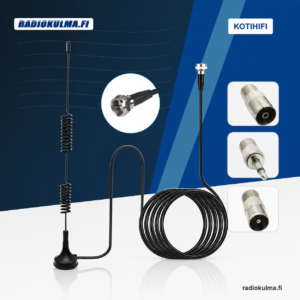 R-Audio FM Kuuluvin MK2 FM-sisäantenni magneettijalustalla, 3 metrin kaapelilla ja adaptereilla Radiokulma.fi-verkkokaupasta