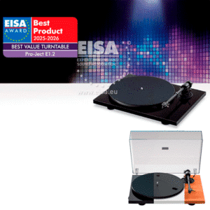 Pro-Ject E1.2 levysoitin EISA Best Product 2025–2026 -palkinnolla, kaikki värivaihtoehdot nähtävissä (korkeakiilto musta, satiini valkoinen ja pähkinä
