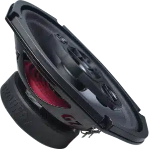 Ground Zero GZRF 69SQX 6x9 tuuman 3-tie koaksiaalikaiutin etuviistosta – punainen Conex-ripustus ja alumiinikartio