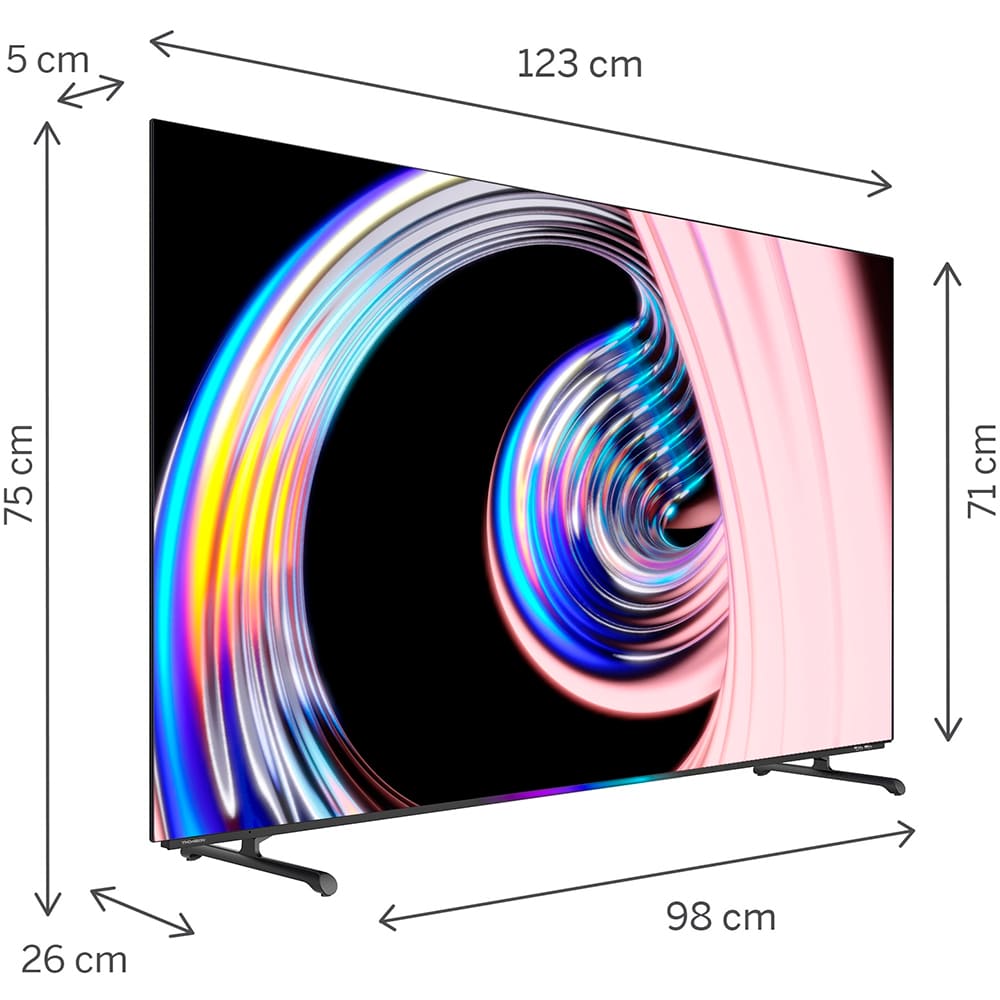 Thomson 55OG8S24 OLED television mitat – leveys 123 cm, korkeus 75 cm, syvyys 5 cm (26 cm jalustoilla).