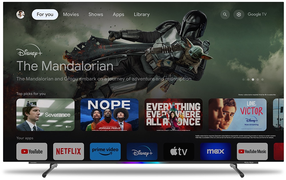 Google TV -käyttöliittymä Thomson 65OG8S24 OLED televisiossa – suoratoistopalvelut yhdessä näkymässä.