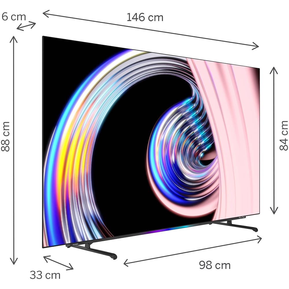 Thomson 65OG8S24 OLED TV mitat: 146 cm leveys, 88 cm korkeus, 33 cm jalka-syvyys.