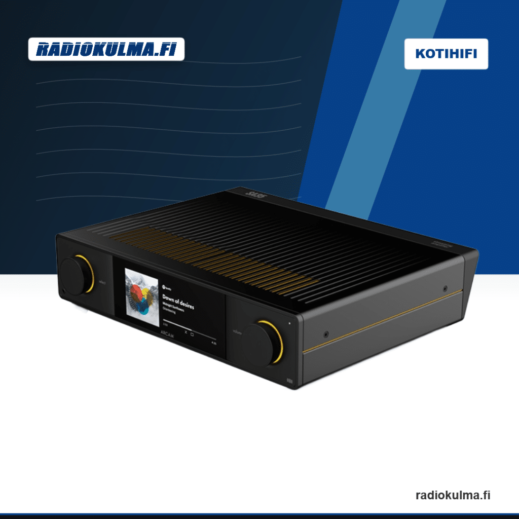 Arcam SA35 striimaava stereovahvistin etuviistosta kuvattuna mustalla Radia-sarjan rungolla ja keltaisilla yksityiskohdilla.