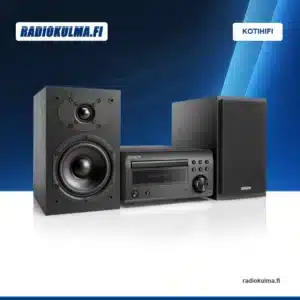 Denon D-M41: musta keskusyksikkö ja kaiutinpari.