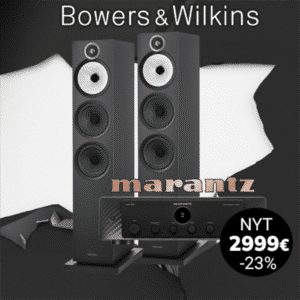 Bowers & Wilkins 603 S3 lattiakaiutinpari ja Marantz Model 60n vahvistin mustana. Audiopaketti tarjous 2999 €, –23 % Radiokulma.fi. High-end-ääni HDMI ARC- ja HEOS-striimauksella.