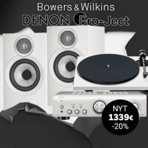 Valkoinen Bowers & Wilkins 607 S3 HiFi-paketti, jossa Pro-Ject E1.2 levysoitin ja Denon PMA-600NE hopea-kultainen vahvistin, tyylikäs moderni stereojärjestelmä musiikinkuunteluun.
