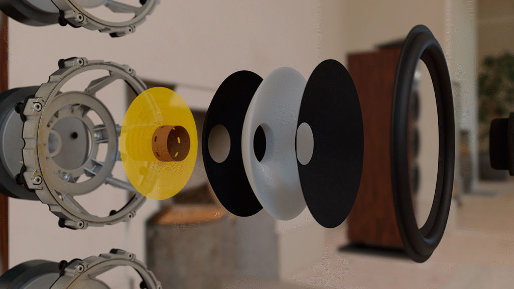 Bowers & Wilkins 702 S3 Aerofoil bassoelementti räjäytyskuva rakenteesta