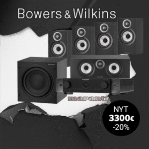 Bowers & Wilkins 600 -sarjan kaiuttimet ja Marantz Cinema 70s -vahvistin Compact 5.1 -kotiteatteripakettina, tarjous 3300 € (-20 %).
