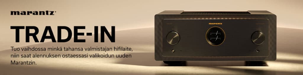 Marantz Trade-In 2025 kampanjabanneri – vaihda vanha hifilaite uuteen Marantz-vahvistimeen ja saat vähintään 20 % hyvityksen liikkeessä.