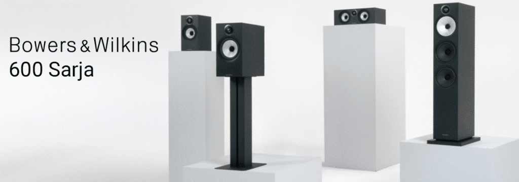 Bowers & Wilkins 600-sarjan kaiuttimet ja logo valkoisella taustalla, esillä lattia- ja jalustamallit.