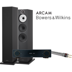 Arcam A15+ vahvistin ja Bowers & Wilkins 603 S3 lattiakaiuttimet sekä Oehlbach Silverline 60 kaiutinkaapelit – laadukas kotihifi-stereopaketti.
