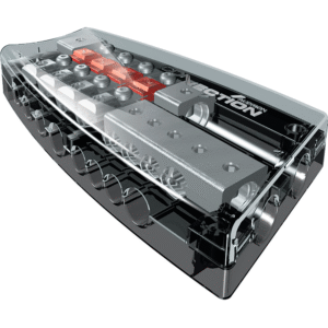 Connection SFD 41C plus/miinus virranjakoblokki autohifiin, Mini-ANL-sulakkeet ja kirkas polykarbonaattikansi