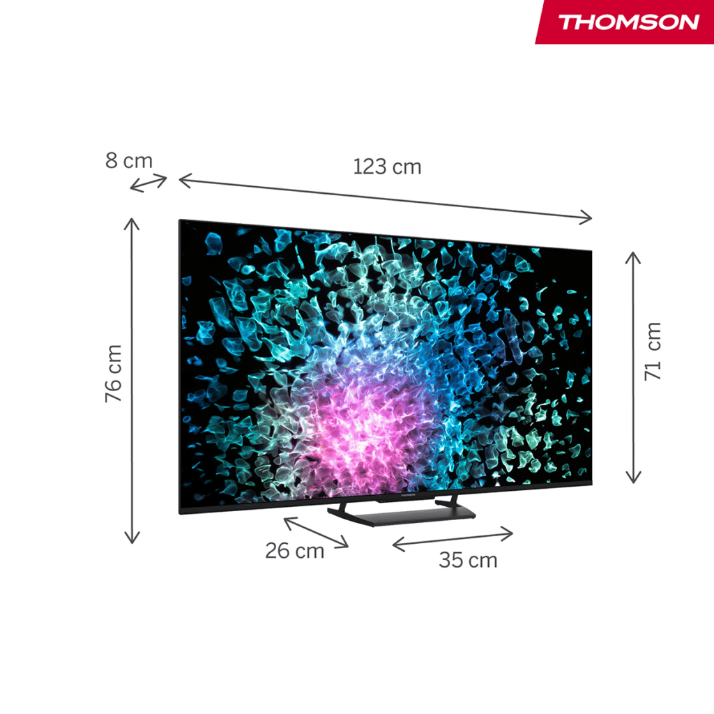 Thomson 55MG7C15 55 tuuman MiniLED television mitat ja jalustan leveys edestä kuvattuna