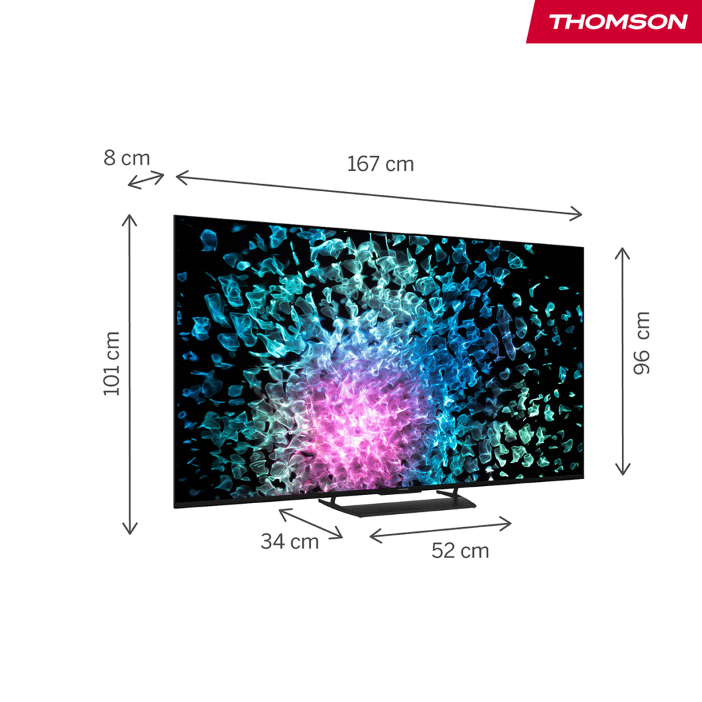 Thomson 75MG7C15 75 tuuman MiniLED television mitat ja jalustan leveys edestä kuvattuna