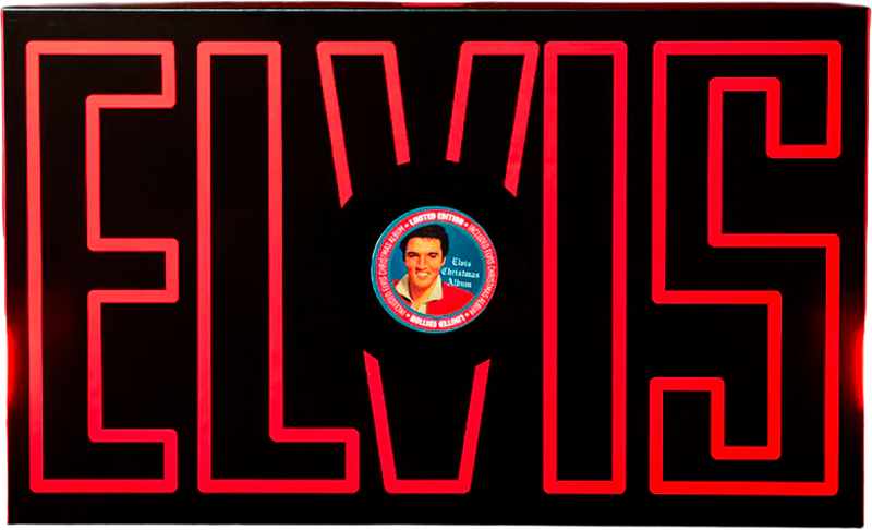 We are rewind ELVIS Limited Edition Cassette Player, musta lahjaboksi punaisella ELVIS-logolla ja Elvis Christmas Album -kasetilla