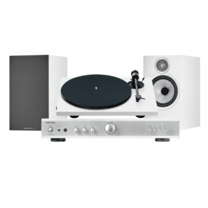 Radiokulman klassinen analoginen vinyylistereopaketti valkoinen – Rotel A10MKII hopea, Pro-Ject E1.2 ja Bowers & Wilkins 606 S3