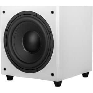 Wilson Sub-10 aktiivisubwoofer valkoisena edestä, 10 tuuman bassoelementti näkyvissä