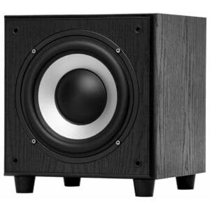 Wilson Sub-9 aktiivisubwoofer mattamustana edesta kulmasta, 8 tuuman elementti näkyvissä