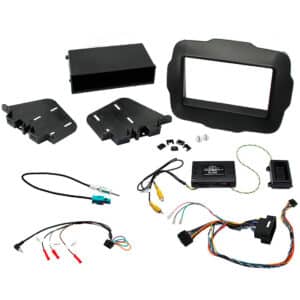 Connects2 CTKJP01 asennuskitti Jeep Renegade 2015–2021 -malliin, joka mahdollistaa 2-DIN jälkiasennussoittimen asennuksen ja säilyttää rattikaukosäätimet.