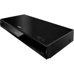Panasonic DP-UB820 Ultra HD Blu-ray -soitin yläkulmasta kuvattuna, 4K HDR kotiteatterisoitin UHD Blu-ray -elokuvien referenssitason toistoon.