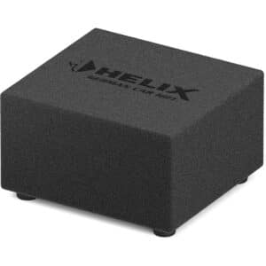 HELIX IK E8.1 -valmiskotelo, yläviistosta kuvattuna; tumma verhoilu ja HELIX-logo yläpinnassa.